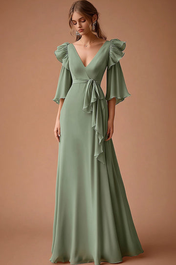 Dusty Sage V-Neck Ruffled Chiffon A Line Formal Dress